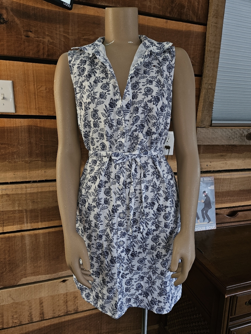 Tommy Hilfiger White&Navy Floral Linen Shirt Dress Willow Print Sz 6 Parisian